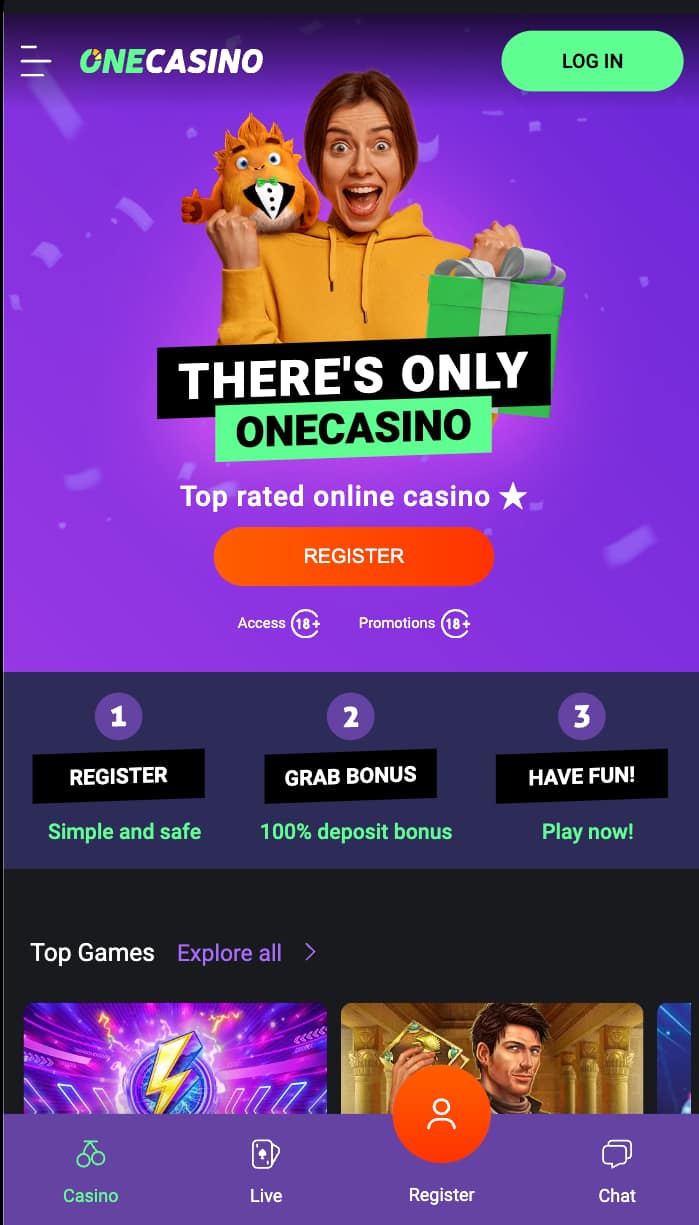 Screenshot of the One Casino mobile app interface on a smartphone, showing game lobby.