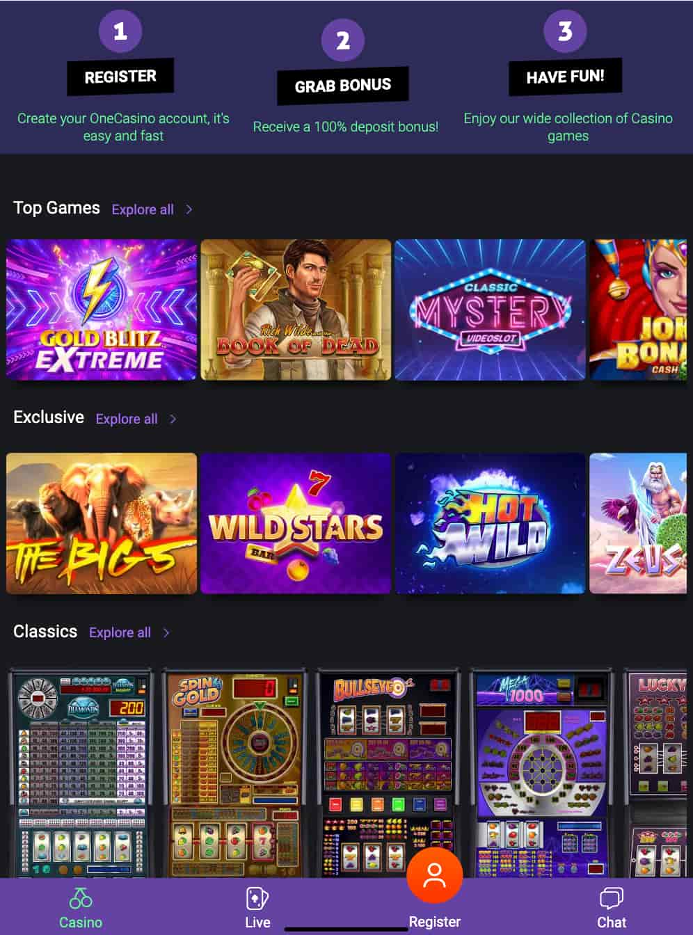 One Casino Mobile App Interface